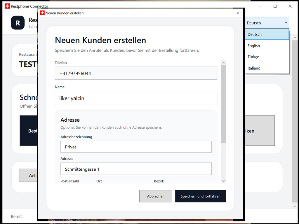 Anruferkennung für Lieferservice, PizzaKurier